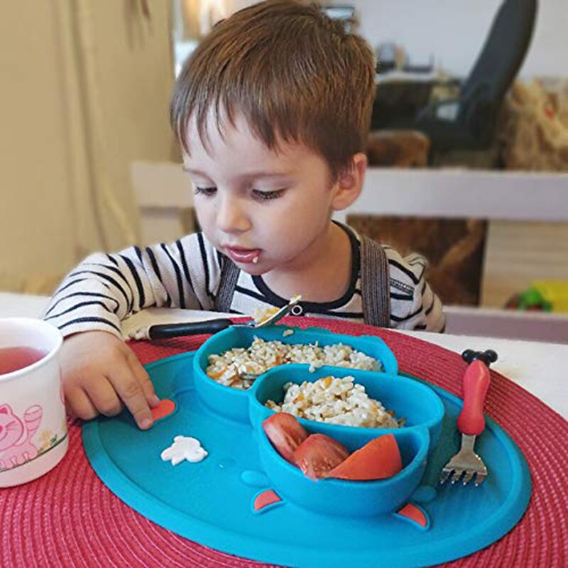 Qshare 4 stk ko baby spiseplade børn mad foderskål anti-fald retter spædbarn silikone suge bordservice