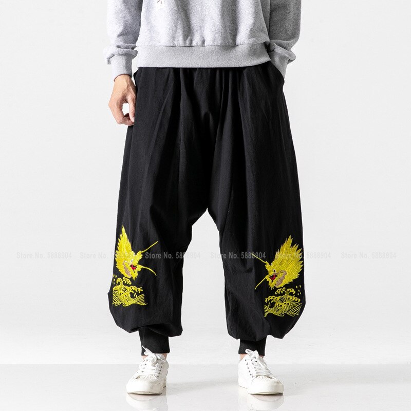 Homme Dragon broderie Style chinois coton lin Bloomers hommes décontracté large jambe pantalon sarouel japonais Streetwear