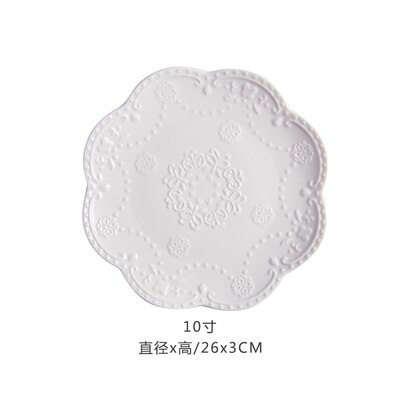 European Style Flat Plate-6&quot;8&quot;10&quot;Western Steak Plate -Embossed Round Shallow Plate Pure White Bone China Dessert Tray Home Acces: 10 inches-1pc-White