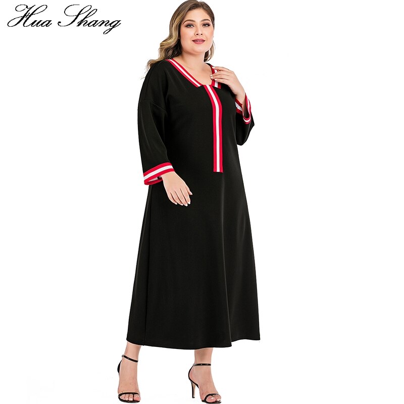 Plus size kvinder sommer afslappet kjole langærmet kvindelig patchwork v-hals solid sort maxi lange kjoler dame tunika kjole