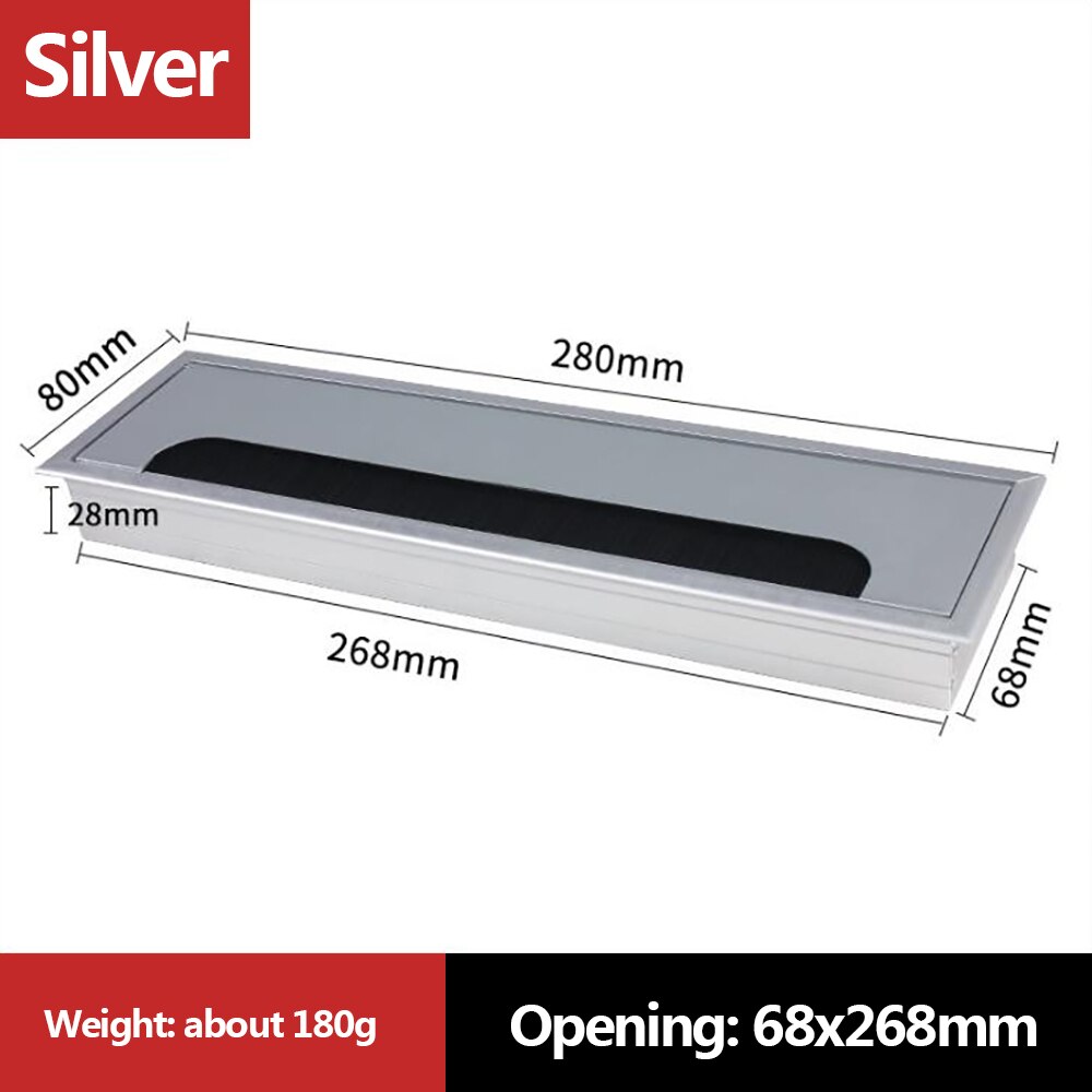 1PC Aluminum Alloy PC Desk Rectangle Wire Cable Office Table Hole Cover Outlet Port with Black Brush Cable Organizer: Silver-80x280mm