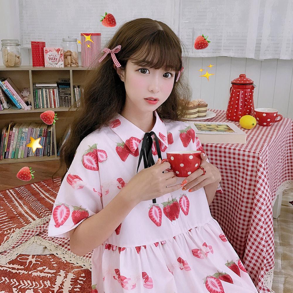 Vestido de verano estilo japonés de manga corta, falda holgada con dibujo de fresa para mujer