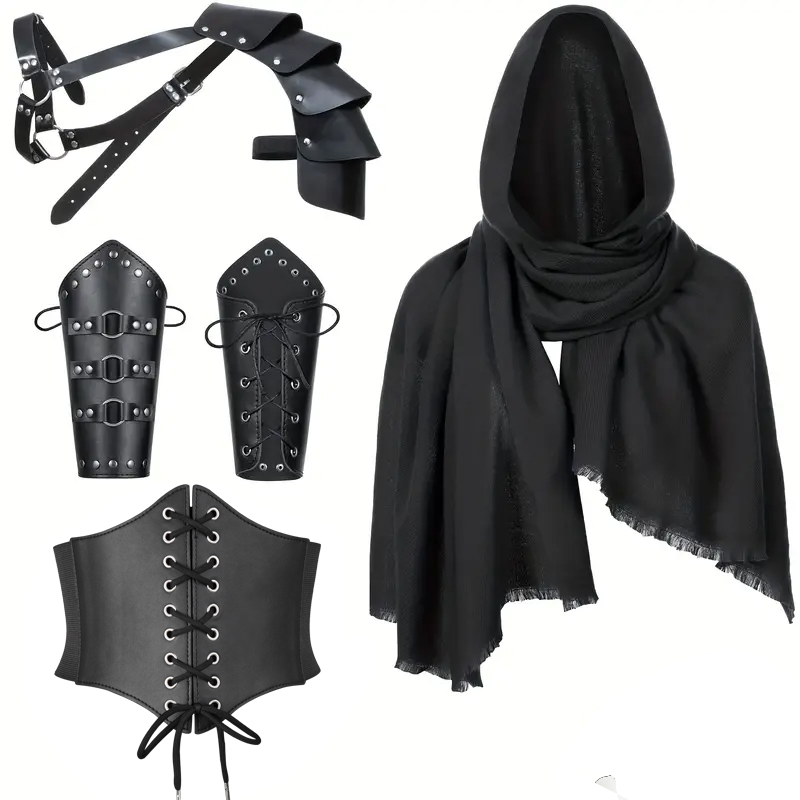 5-teiliges Set mit mittelalterlichen Ritter-Renaissance-Zubehör – modischer Korsett-Gürtel aus PU-Leder, weicher Schal, Umhang, halber Schulterschal