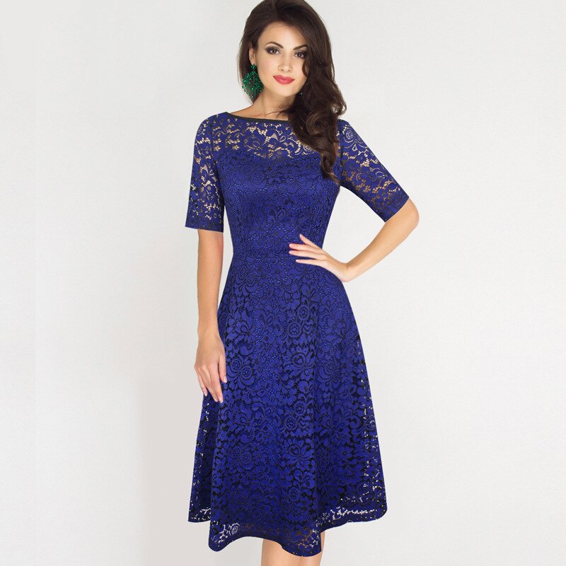 Vintage Party Dress Lace Half Sleeve Dress Women Plus Size Dress Dress: blue / S