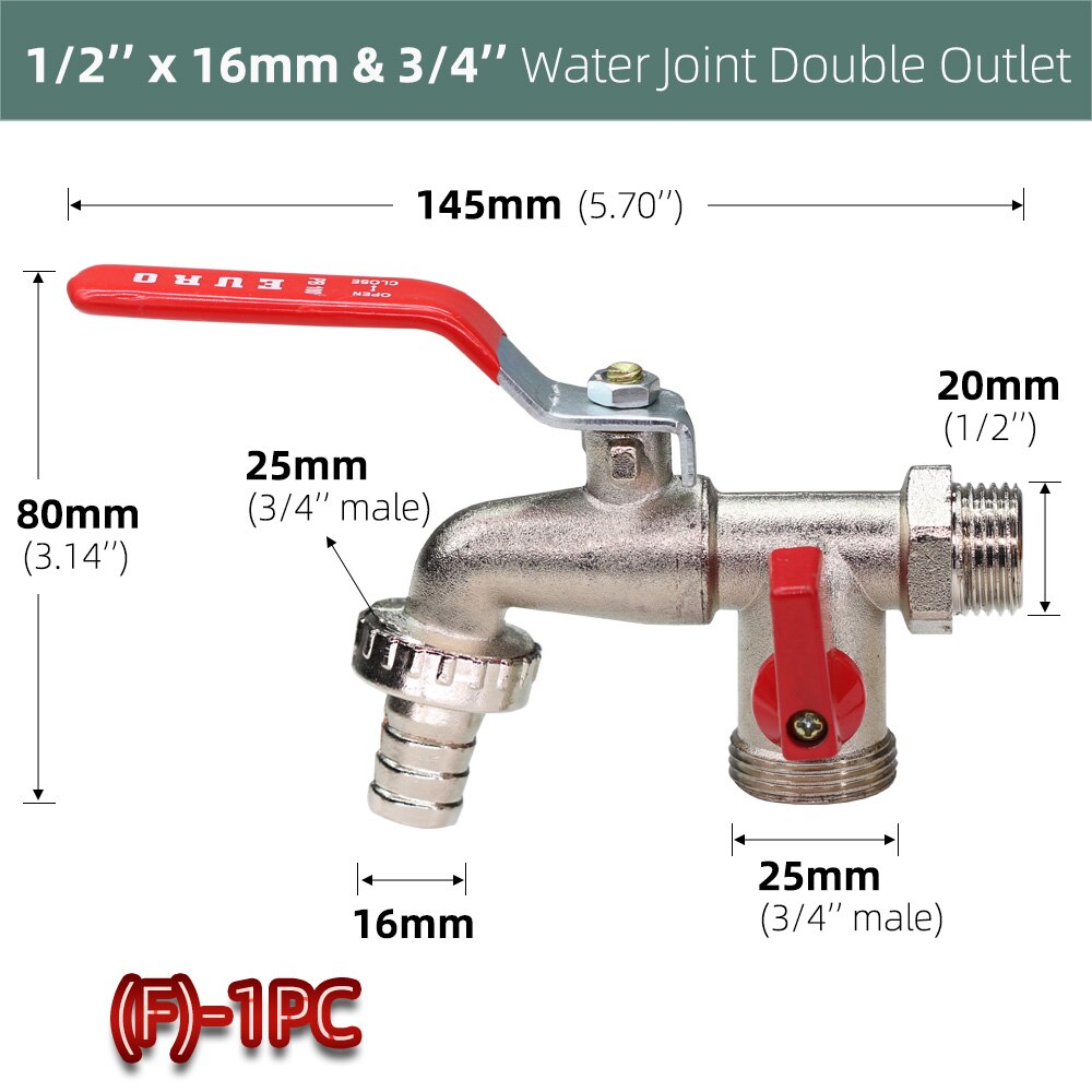 Brass Tap Joint 1/2'' IBC Water Tank Connector 2-Way 1-Way Garden Hose Irrigation Faucet Adapter Replacement Fitting Ball Valve: F-1PC