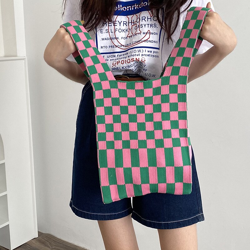 Borsa a tracolla da donna con motivo a quadri borsa da donna a maglia grande Tote Eco borse da Shopping borse da viaggio per studentesse: C
