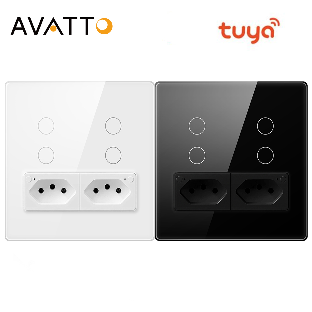 Avato tuya wifi slimme lichtschakelaar & brazil stopcontact 4 x 4 aanraakgevoelig glazen paneel lichtschakelaars stopcontacten, werkt met alexa en google home