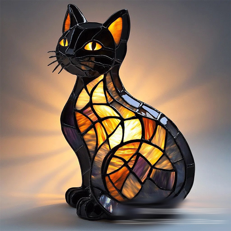 Kattelampe i farget glass, retro magisk katt i farget harpiksbordlampe - søt led-lampe med kjæledyrtema for hunde- og katteelskere: Brun