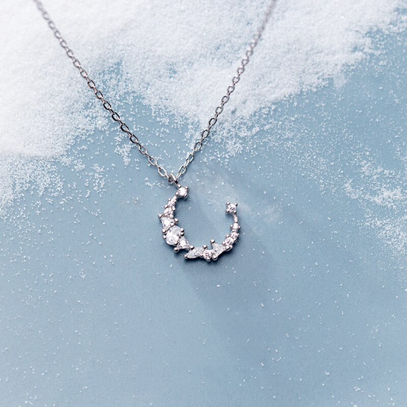 925 Sterling Zilveren Maan Vormige Hanger Ketting Voor Vrouwen Link Chain Sleutelbeen Chain Shiny Cz Ketting Sierlijke Partij Sieraden