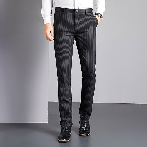 Mens Suit Pants Summer Men Striped Grey Dress Pants Man Business Office Classic Trousers Male Slim Fit Smart Casual Pants: black / 28