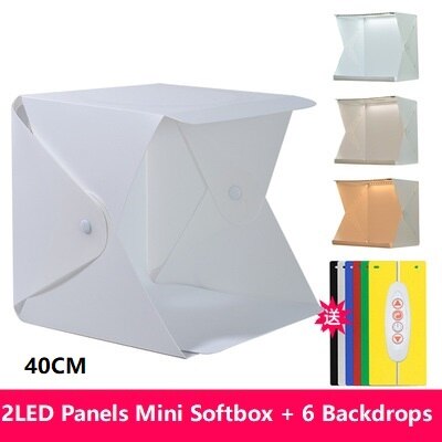 Boîte à lumière LED 40CM, Mini Studio de photographie Portable, Kit de fond et 6 arrière-plans de couleurs, boîte à lumière USB pour téléphone DSLR: 40CM 2LED Panels-6PC