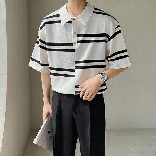 Polo a rayas para hombres, camisetas de punto de seda de hielo de manga corta, camisetas informales de negocios con solapa Social, ropa de verano 2022: White / XL