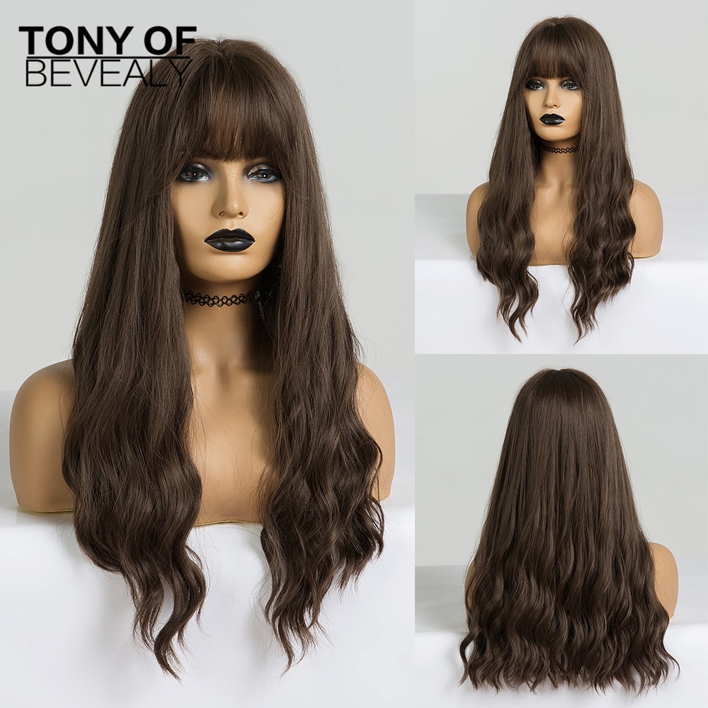 Long Wavy Dark Brown Natural Hair Wigs With Bangs Heat Resistant Synthetic Wigs for Afro Women Daily Cosplay Natural Wigs
