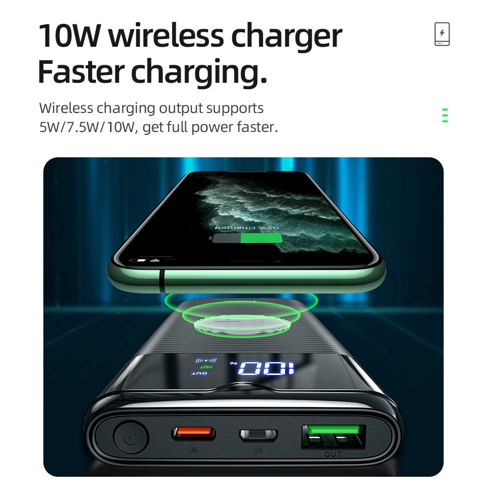 Hoco 10000mAh batterie d'alimentation chargeur sans fil batterie d'alimentation PD + QC3.0 18W charge rapide USB Powerbank batterie externe pour iphone Xiaomi