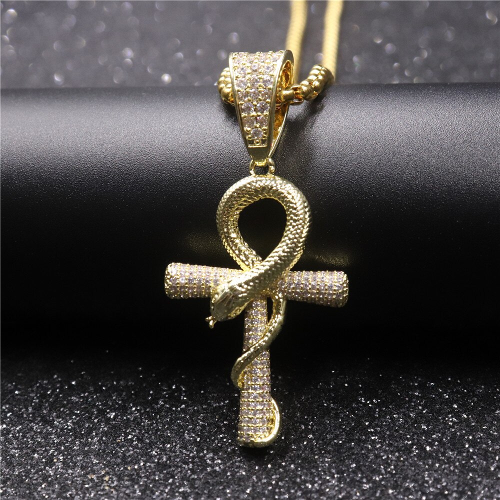 Hiphop Sieraden Bling Iced Out Ankh Kruis Met Slang Hanger Kettingen Pave Instellen Cubic Zirconia Vintage Ketting Voor Vrouwen