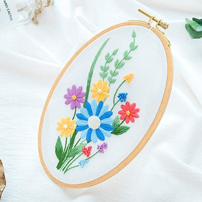 Nemt gør-det-selv broderisæt blomstertrykt håndlavet håndarbejde korssting for begyndere swing kunst maleri håndværk boligindretning: 2 / Oval træbøjle