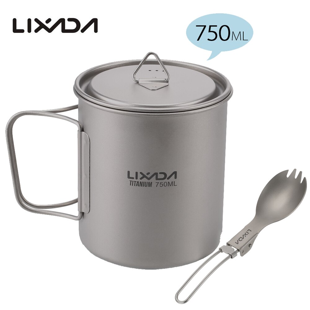 Lixada Titanium Cup Camping Verwarming Mok Servies Lichtgewicht Outdoor Survival Koken Apparatuur Wandelen Kookgerei Picknick Gebruiksvoorwerpen: 750ml with Spork