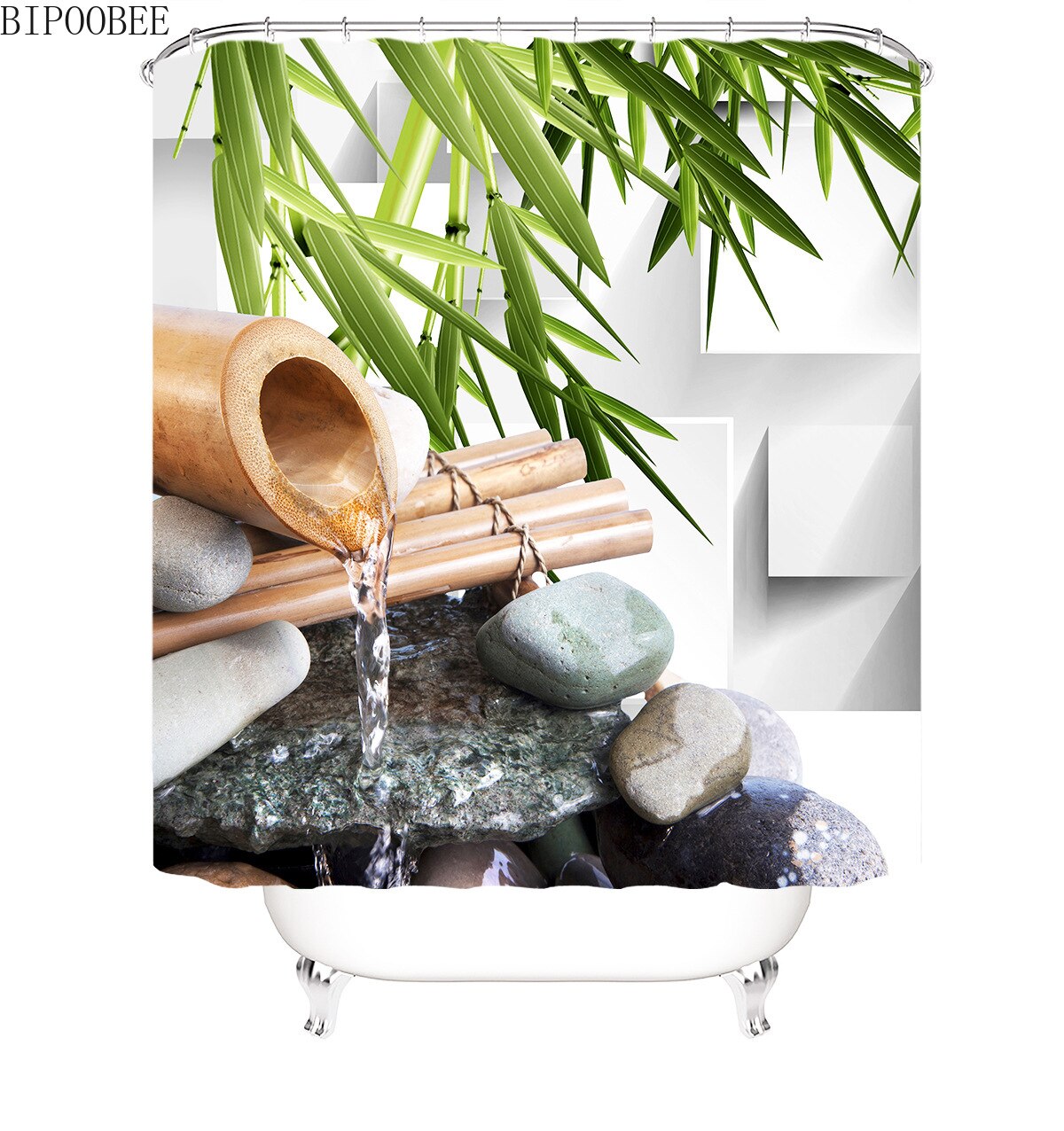 Tenda da doccia silenziosa con motivo in bambù che scorre per la decorazione del bagno tessuto tende da bagno in poliestere tappeto con piedistallo coperchio del coperchio della toilette: Shower Curtain