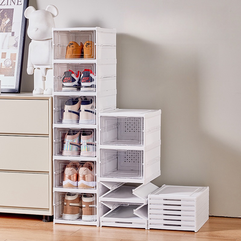 Folding Plastic Shoes Organizer Transparent Stackable Boots Storage Rack Narrow Vertical Space Saving Shoes Cabinet Organizer