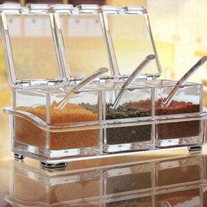 Estante de condimentos claro macetas de especias para el hogar caja de condimentos de acrílico recipiente de almacenamiento tarros de condimento Cruet con cubierta y cuchara: A