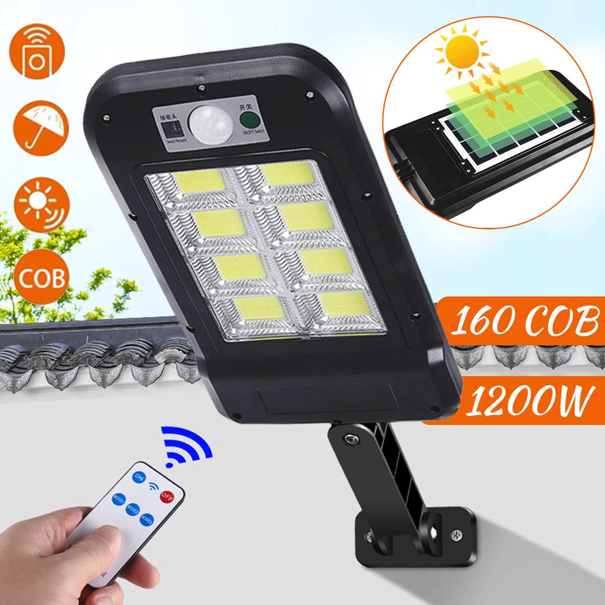 1200W Powerful Remote Control 160COB LED Solar Light PIR Motion Sensor Outdoor Solar LED Lamp Waterproof Garden Wall Street Lamp