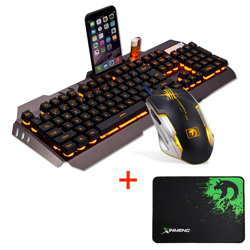 Wired LED Backlit Multimedia Ergonomic Usb Gaming Keyboard Mouse Combo illuminated 2000DPI Optical Gamer Mouse Sets + Mouse Pad: Black Yellow Light