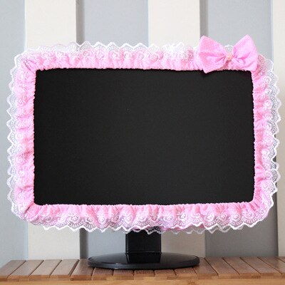 Lace Fabric Computer Frame Cover Monitor Screen Dust Cover With Elastic Pen Pocket Bow Home Decorations: Pink / 17-22 inches