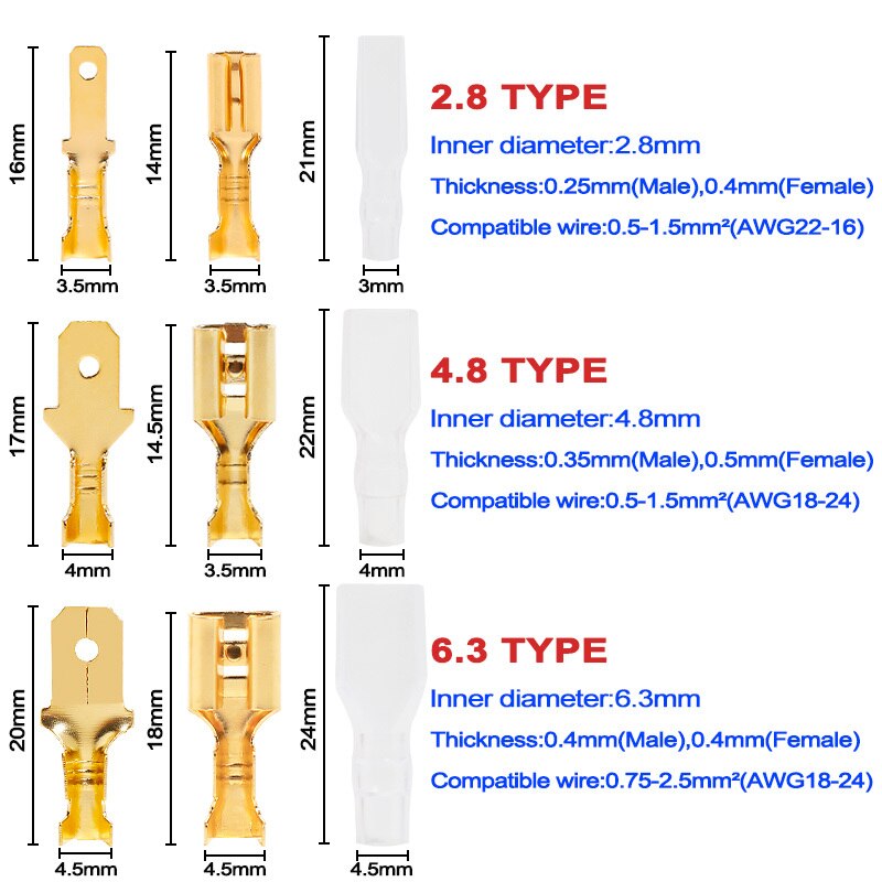 180 Uds 2,8 / 4,8 / 6,3 mm terminales de crimpado de pala conectores de cables eléctricos Kit de manguito aislado terminal macho y hembra de latón