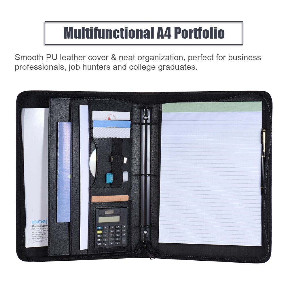 A4 PU Leather Multifunctional Document Folder Case Office Business Portfolio Padfolio Organizer Zippered Closure Loose-leaf