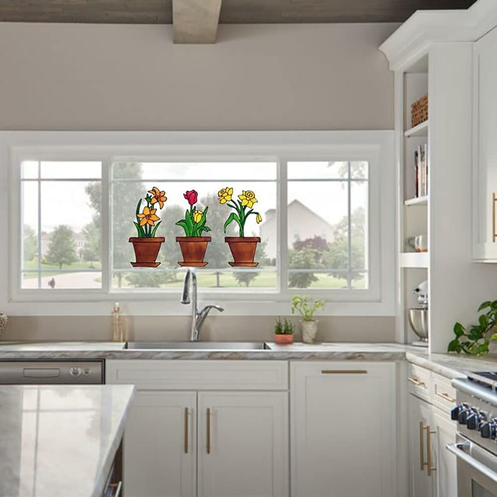 Lilies Tulips Daffodils Flower Pot Window Clings Spring Decorations Adhesive Window Stickers Glass Door Sticker Decal Home Decor
