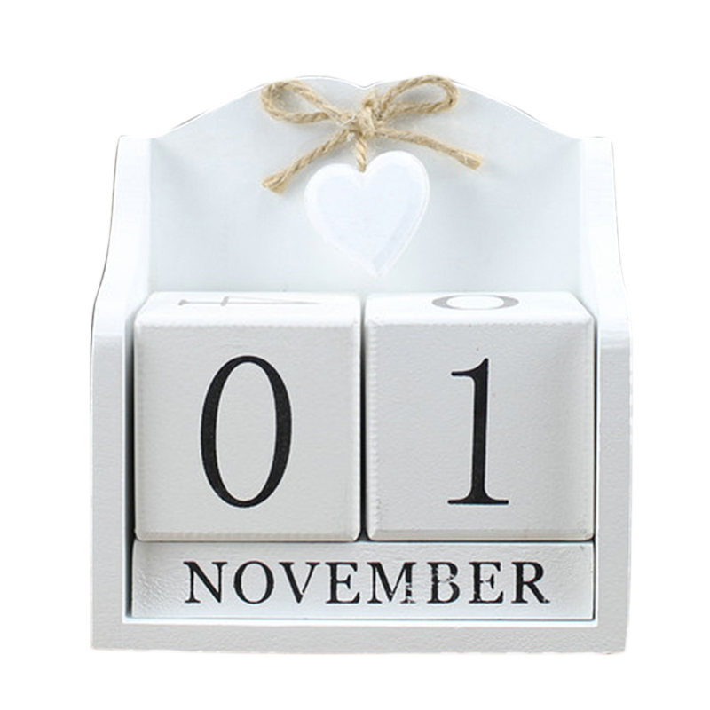 Diy bloque de madera calendario perpetuo figuritas de escritorio Calendario de madera Calendario de hogar Oficina Decoración -Whit
