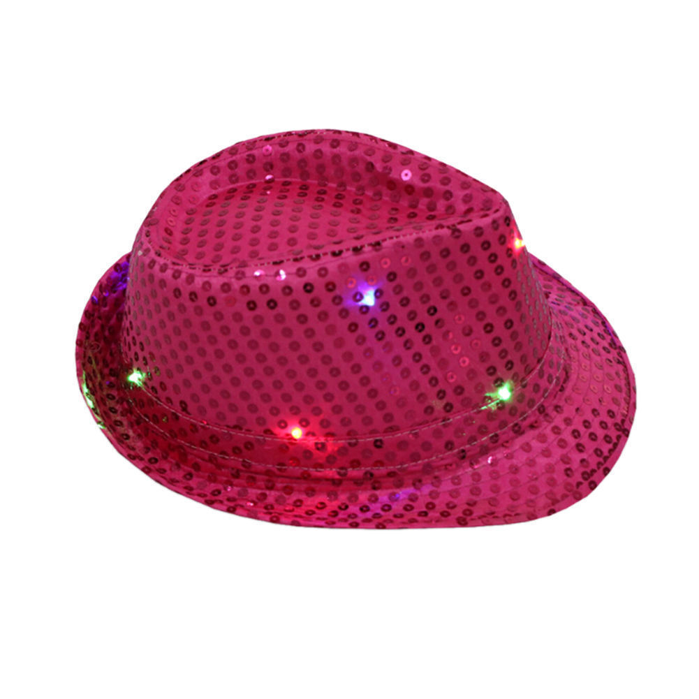 Men Women Glitter Sequin Flashing Light Up LED Fedora Trilby Cap Dance Jazz Hat Gangster Party Costume: Rose Red