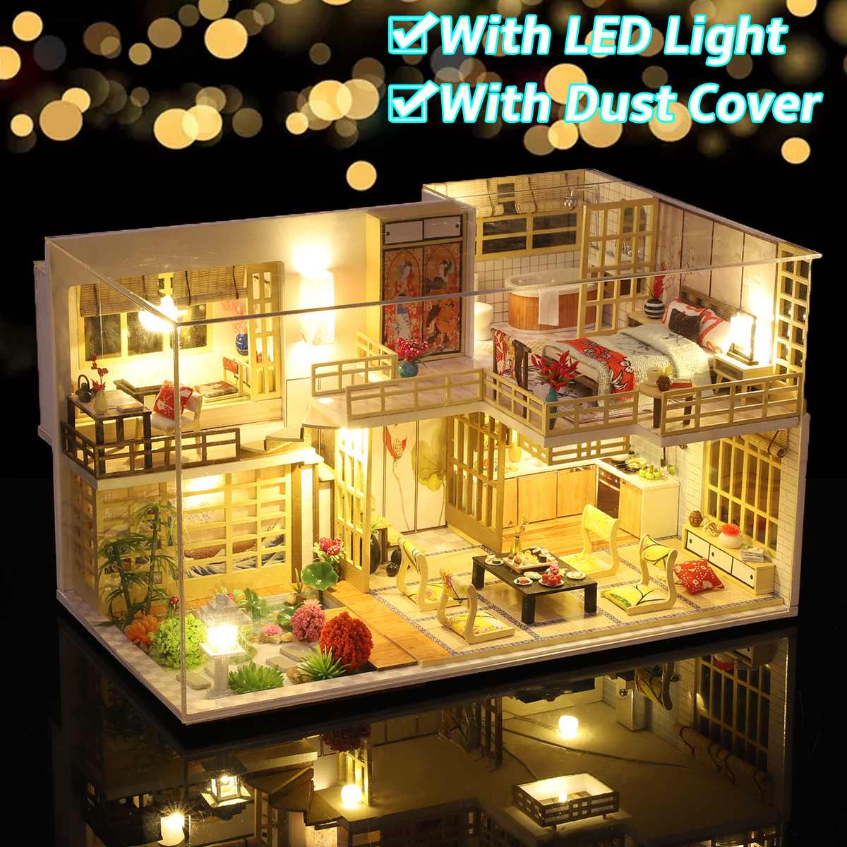 Diy træ dukkehus miniature dukkehus møbelsæt til børn jul med led lys og musik