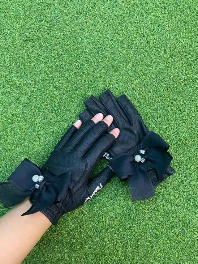 Gofist 1 Paar Golfhandschuhe für Damen, linke und rechte Hände, rutschfeste Sporthandschuhe mit Schleife, elegante, atmungsaktive Fäustlinge für Höhle Damen: Schwarz / XL