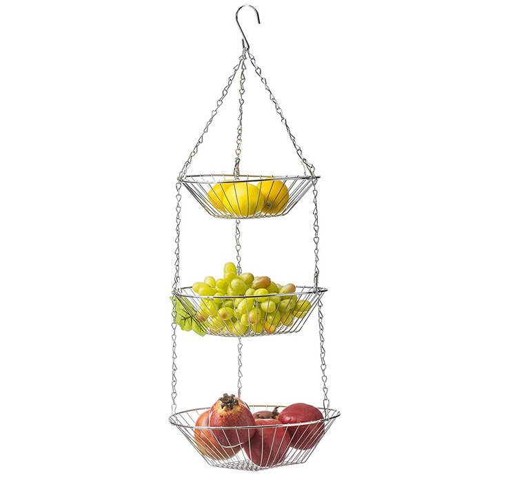 3 Tiers Wire Chain Hanging Basket Fruit Plant Food Organizer Kitchen Storage Wrought Iron Fruit Hanging Basket