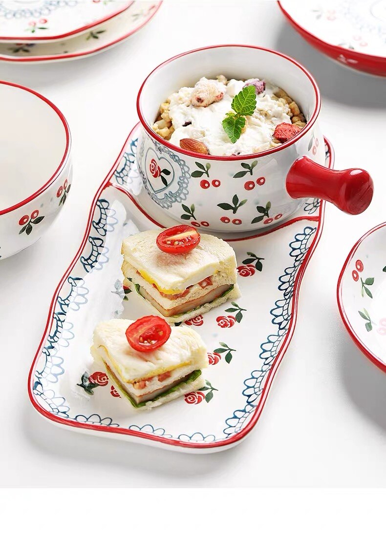 Ceramic dish Japanese breakfast dishes cutlery set one person tableware cute cherry breakfast plate oatmeal bowl