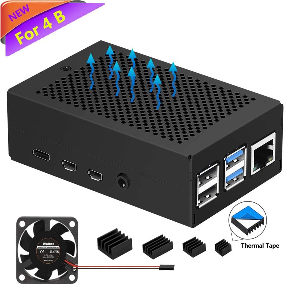 Raspberry pi 4b caixa de metal com ventilador de refrigeração pendurado e 4 dissipadores de calor placa demo acessório caso para raspberry pi 4 modelo b/4b