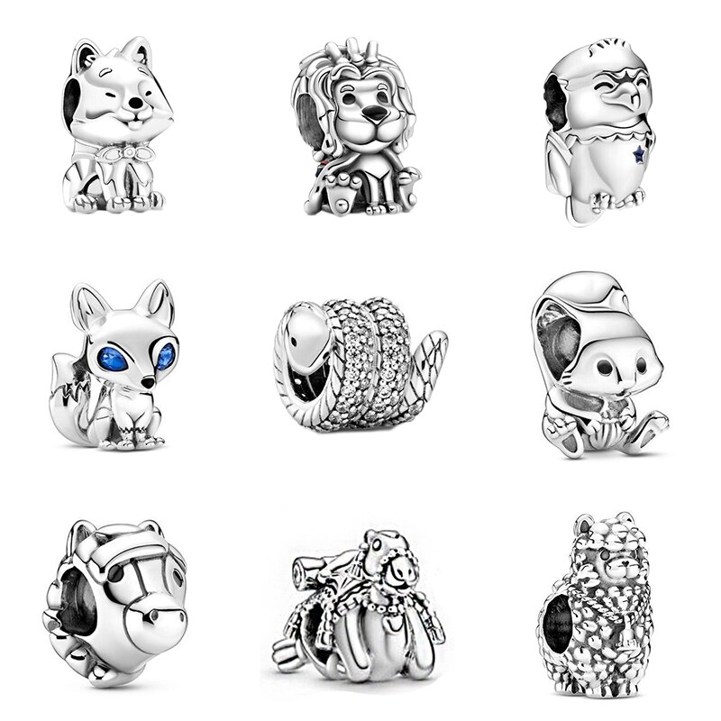 925 Sterling Silver Beads Animal Lion Snake Llama Fox Dog Charm Fit Pan Bangle Bracelet DIY Women Jewelry