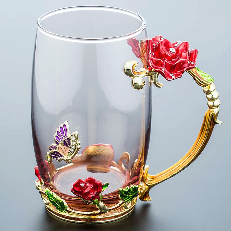 Enamel Water Cup Glass Cup Household Set Flower Tea Crystal Coffee Mug Beer Mug with Handle Wedding Tableware: D