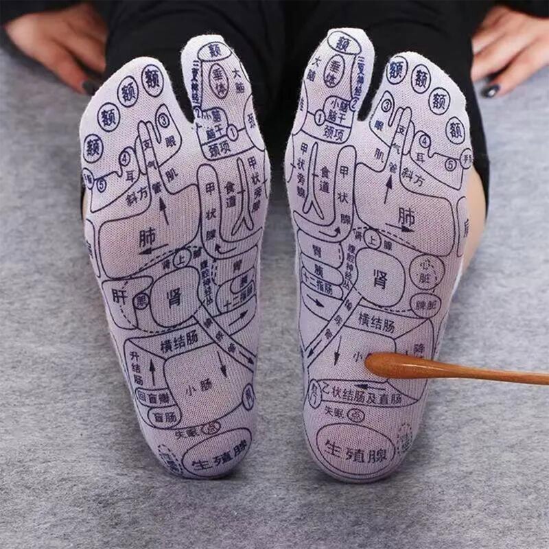 Femmes Hommes Acupression Réflexologie Chaussettes 2 Bout Fendu Massage des Pieds Soulagement De La Douleur Méridien Bonneterie avec Points D&#39;acupuncture Graphique