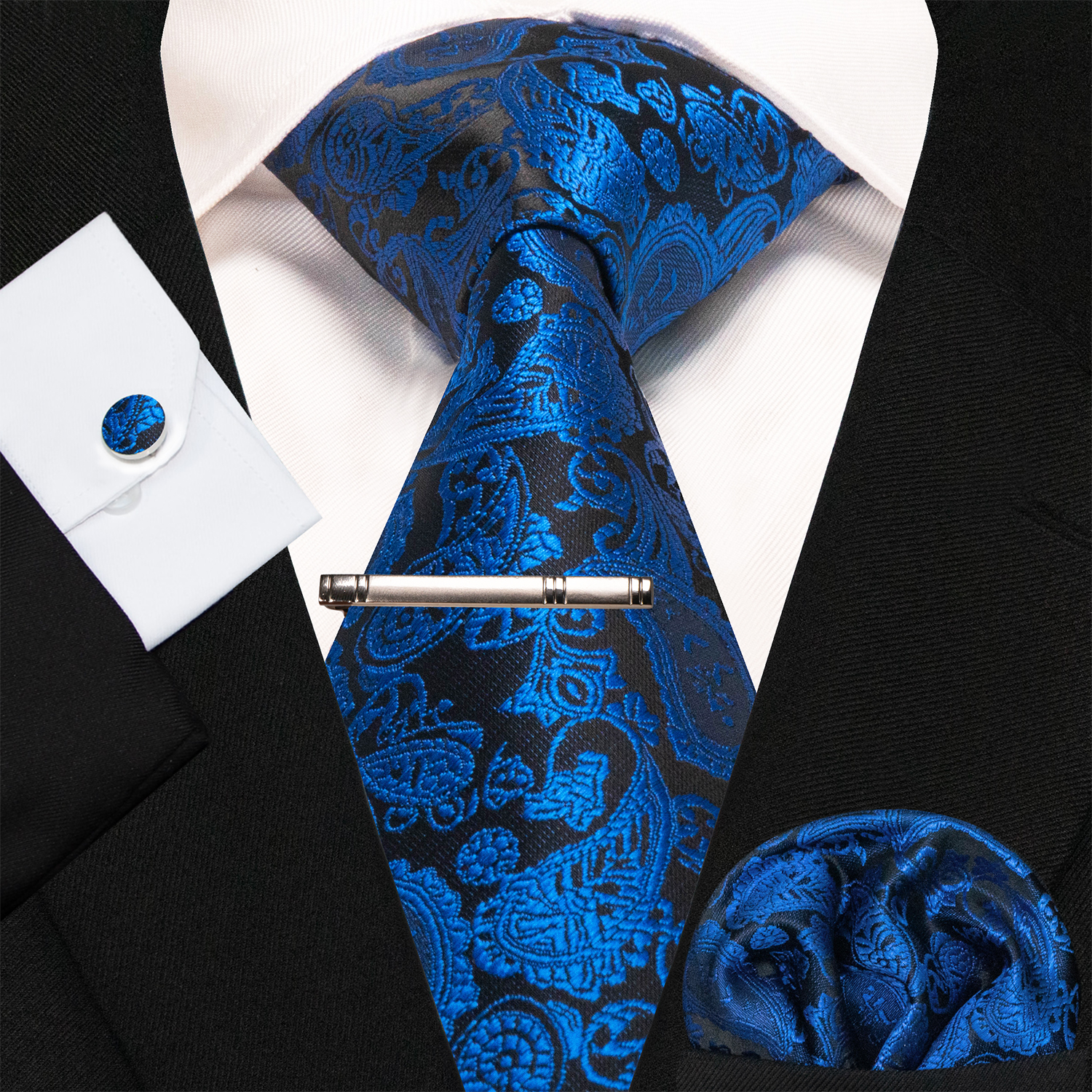 Corbatas de Cachemira azul y verde para hombre, corbata de seda de lujo de 8cm de ancho, gemelos cuadrados de bolsillo, conjunto de clips de corbata, de Navidad para hombre: Azul