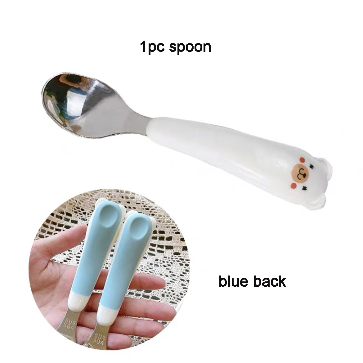 Kawaii Bear Cutlery Set Ceramics Handle 304 Stainless Steel Spoon and Fork Set Kitchen Dinnerware Flatware for Kids Adults: 1pc spoon blue back
