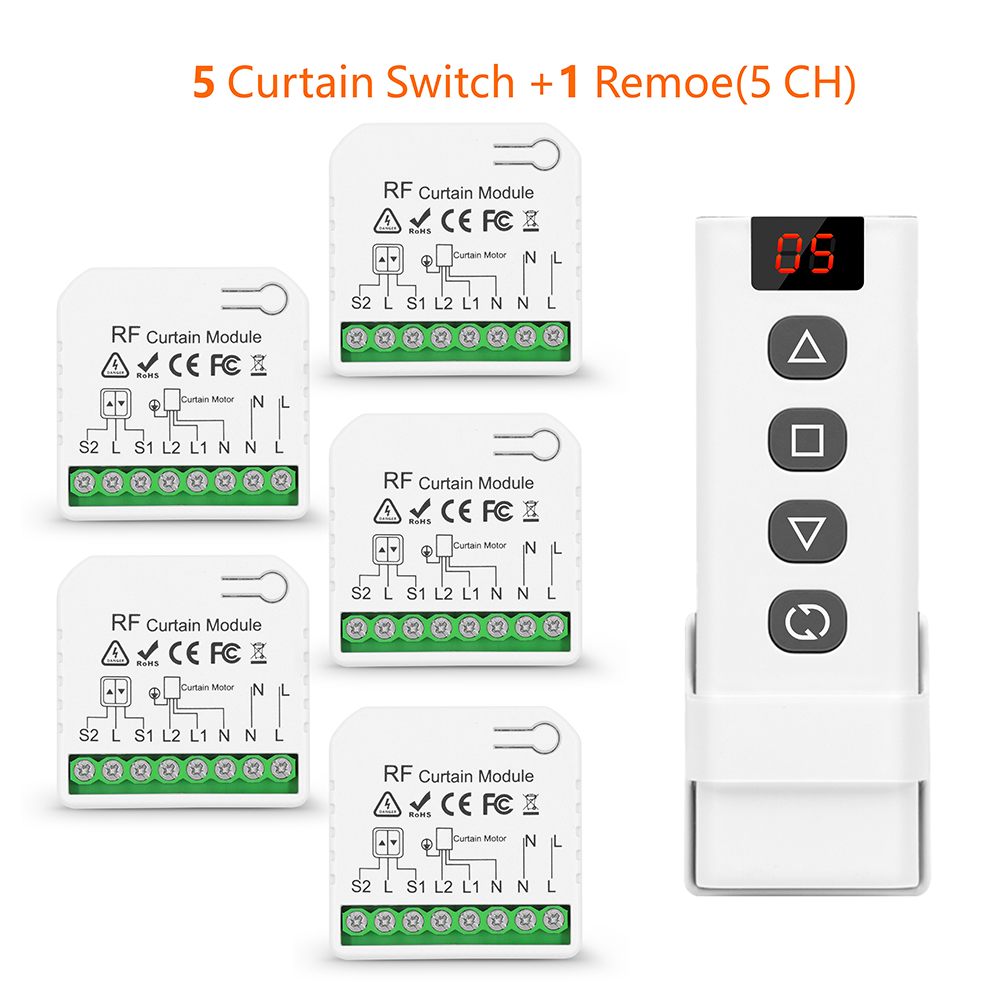 433Mhz Curtain Roller Shutter Wireless Switch and 5-in-1 Transmitter 110V 220V RF Module for Remote Control Blind/Awning/Motor: Gold