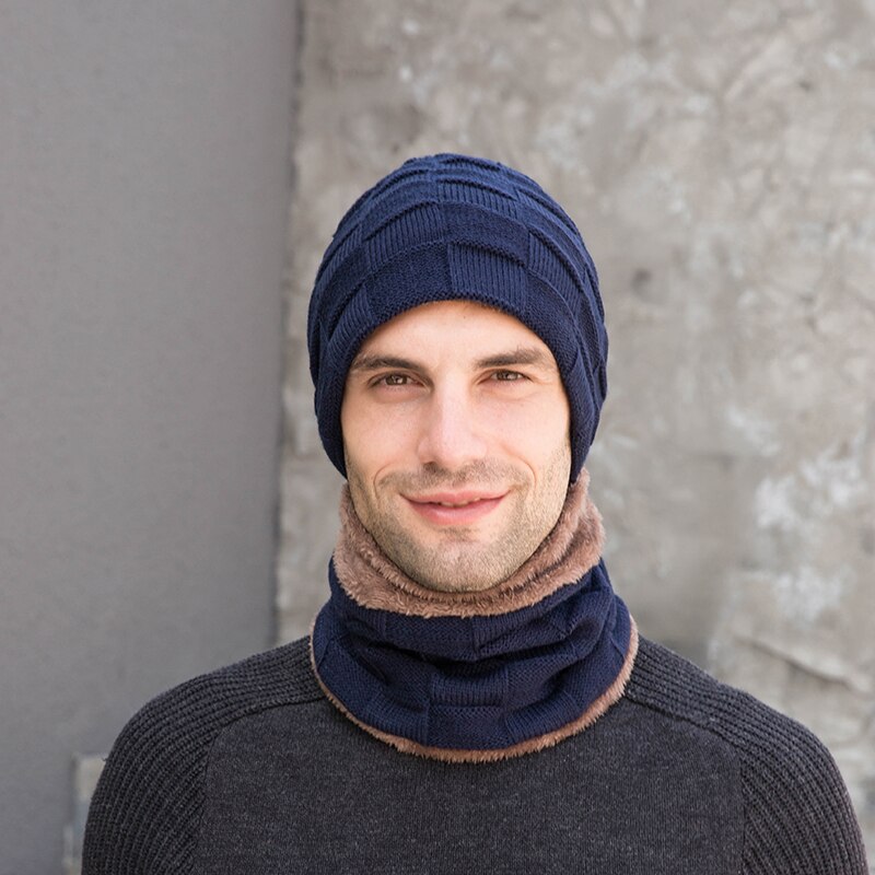 Unisex pipot hattu sormus huivi käsineet setti talvineulottu paksu lämmin lippalakki naiset miehet kiinteä retro pipo hattu pehmeä kosketusnäyttö käsineet: Navy 2 kpl setti