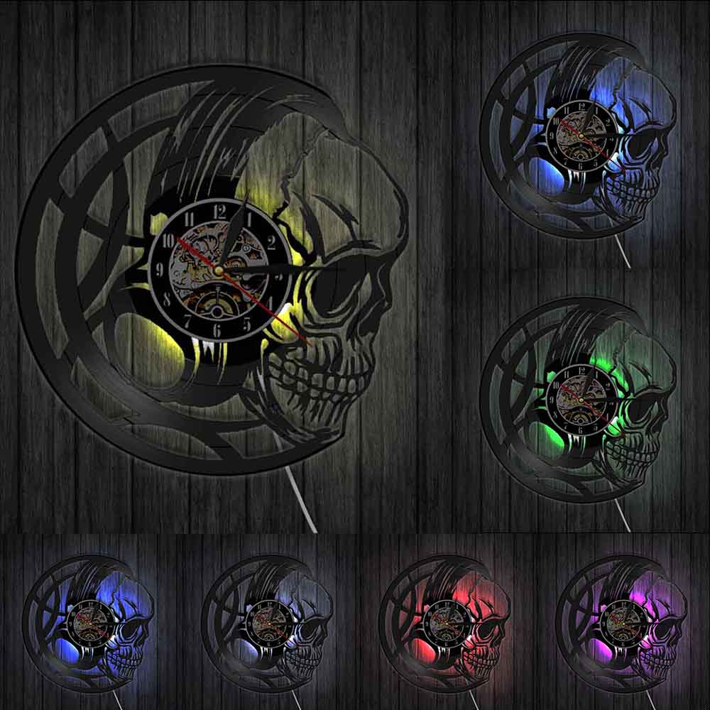 3D Watches Black Skull Head Wall Clock with LED Backlight Evil Skull Headphones 3D Lighted Sign Halloween Decorative: With Led