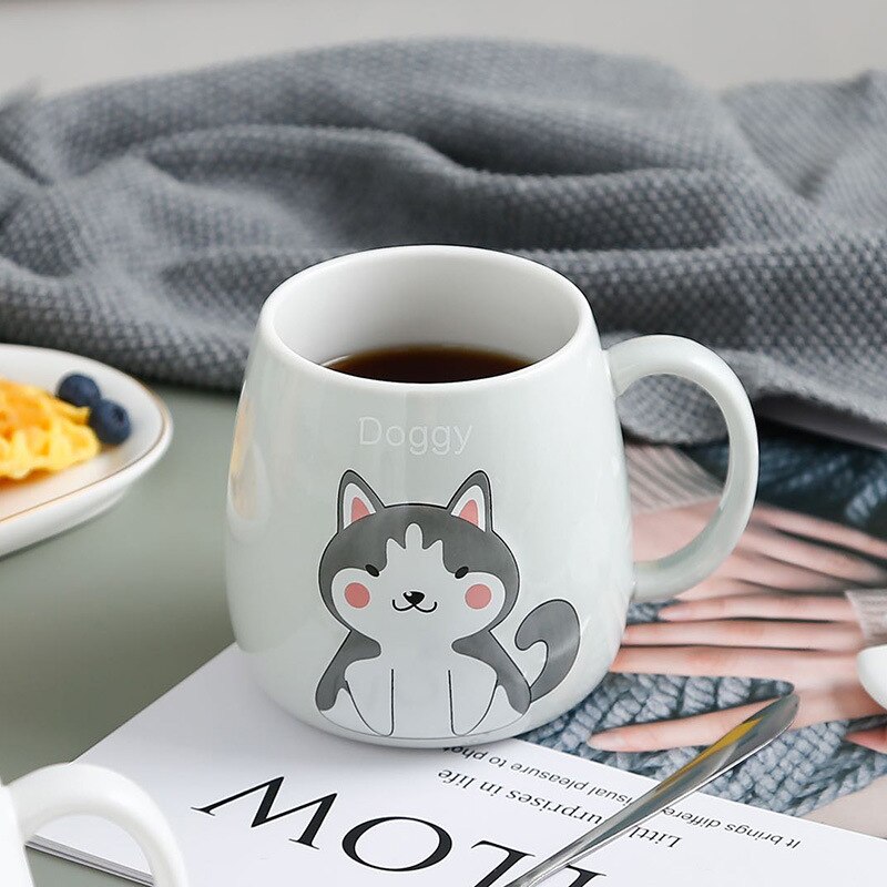 Cute Cartoon Cat Mug Animal Fox Ceramic Mug Office Mug for Girls and Dogs with Lid Spoon cute coffee mugs and cups: Grey dog