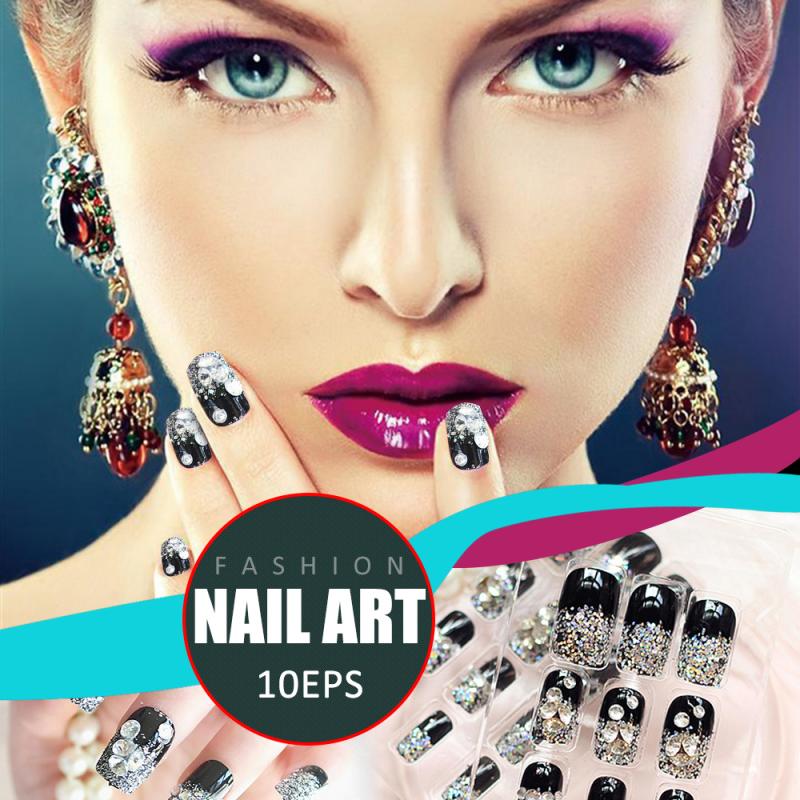 24 stuks zwarte nepnagels met strass steentjes, kunstnagels met glitter, dubbelzijdige tape, bruiloftsaccessoires