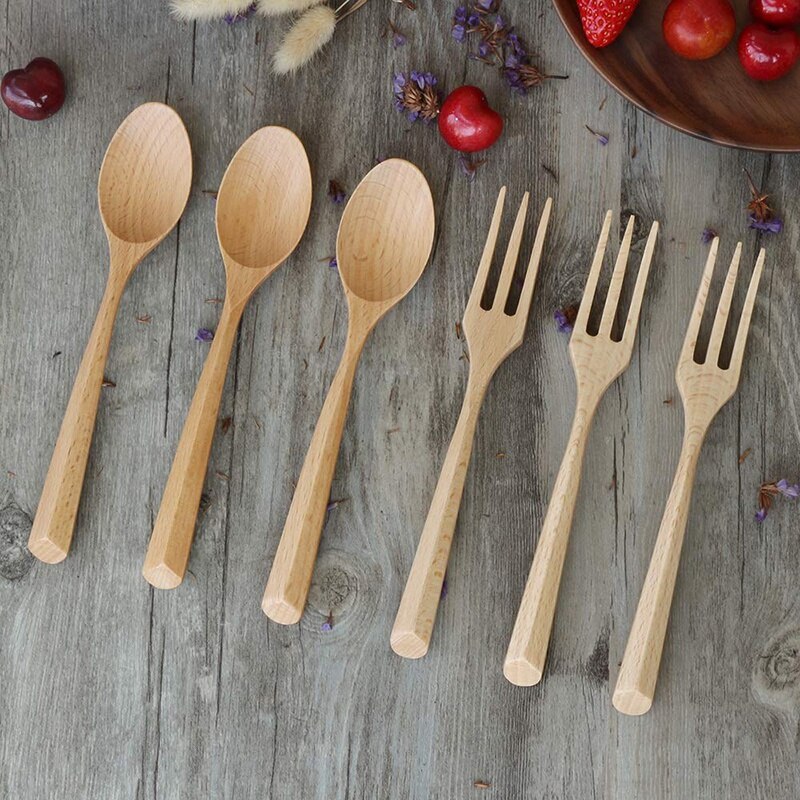 Houten vork en lepel set natuurlijk houten servies handgemaakte houten lepel geschikt voor pasta diner thee salade dessert aardappelchips: Default Title