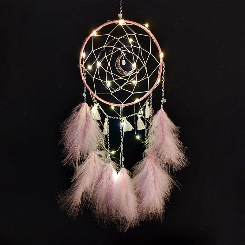 1 Pc Dream Catcher Led Handgemaakte Veren Nachtlampje Opknoping Thuis Kamer Decoratie Baby Muur Decor Voor Baby Bed Bumper decoratie: pink with light