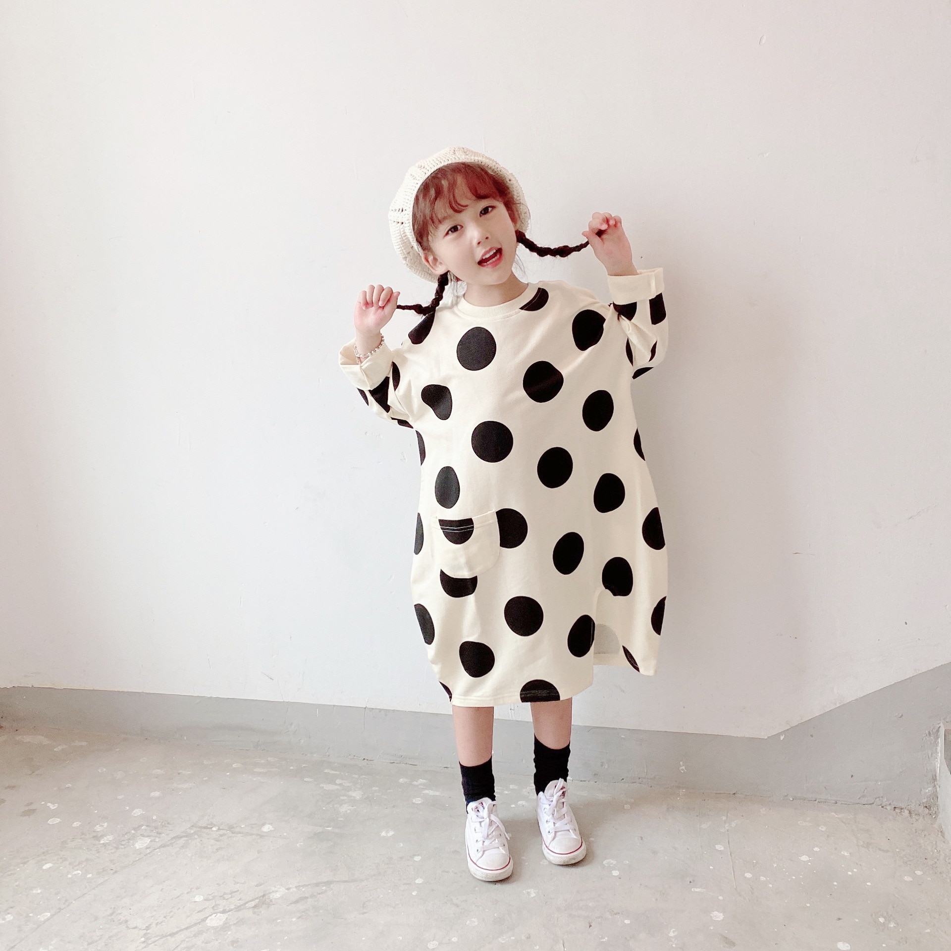 Efterår børnetøj koreansk piges langærmet polka dot sweater nederdel